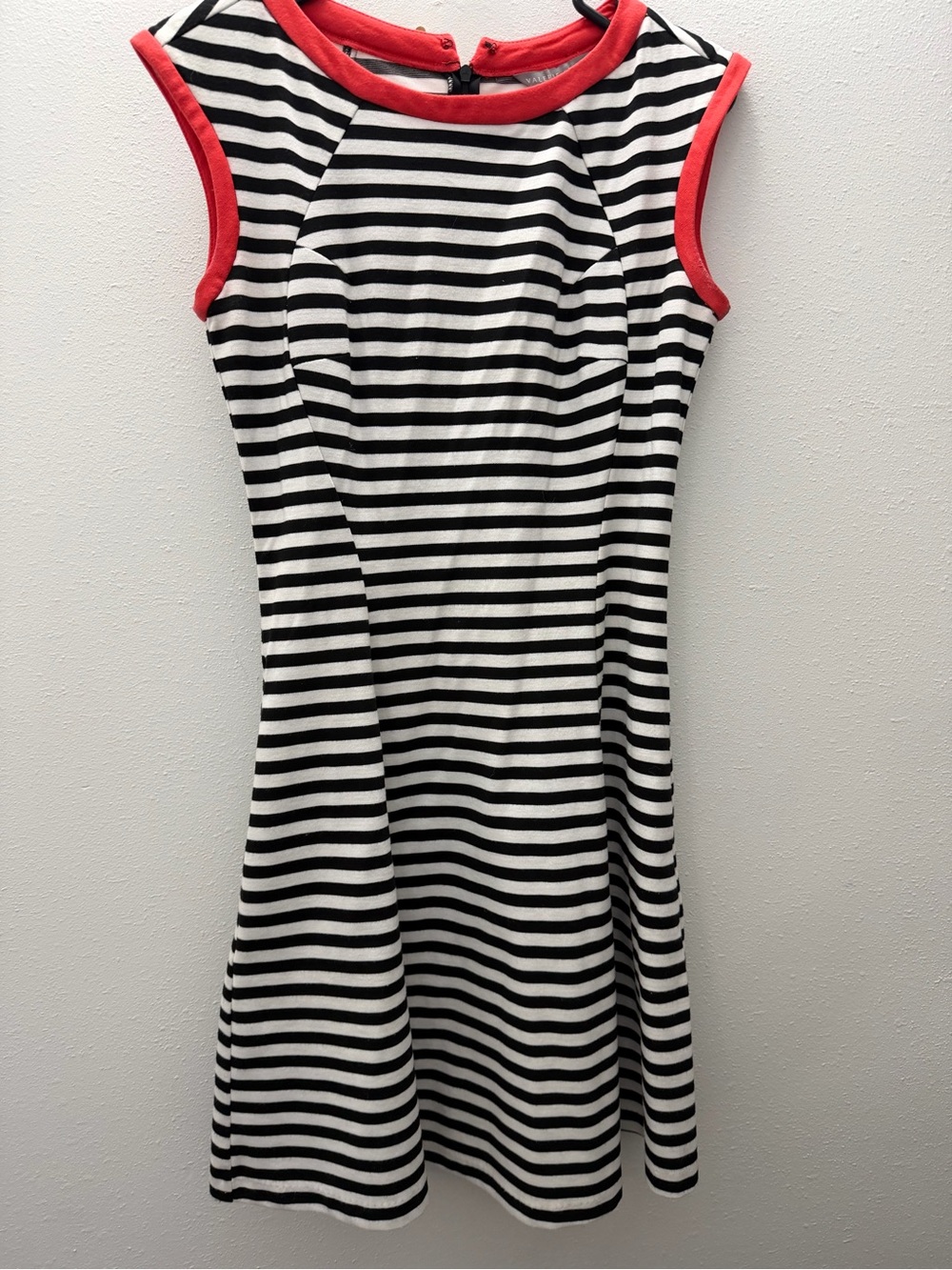 Valerie Stevens Black & White Striped Dress with Coral Trim